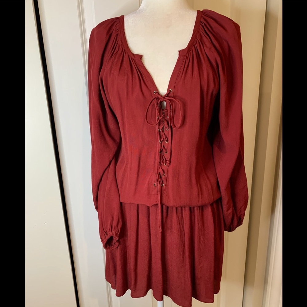 Olivaceous Lace Up Mini Peasant Dress